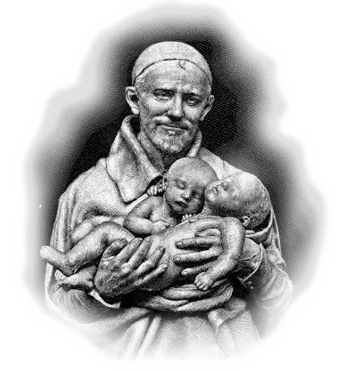 Statue of St. Vincent de Paul, smiling and cradling two sleeping infants in his arms
