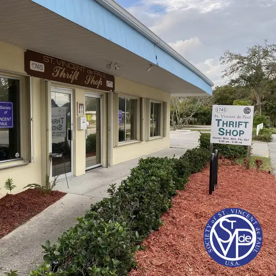 St. Vincent de Paul Thrift Shop storefront entrance at 1745 14th Avenue, Vero Beach